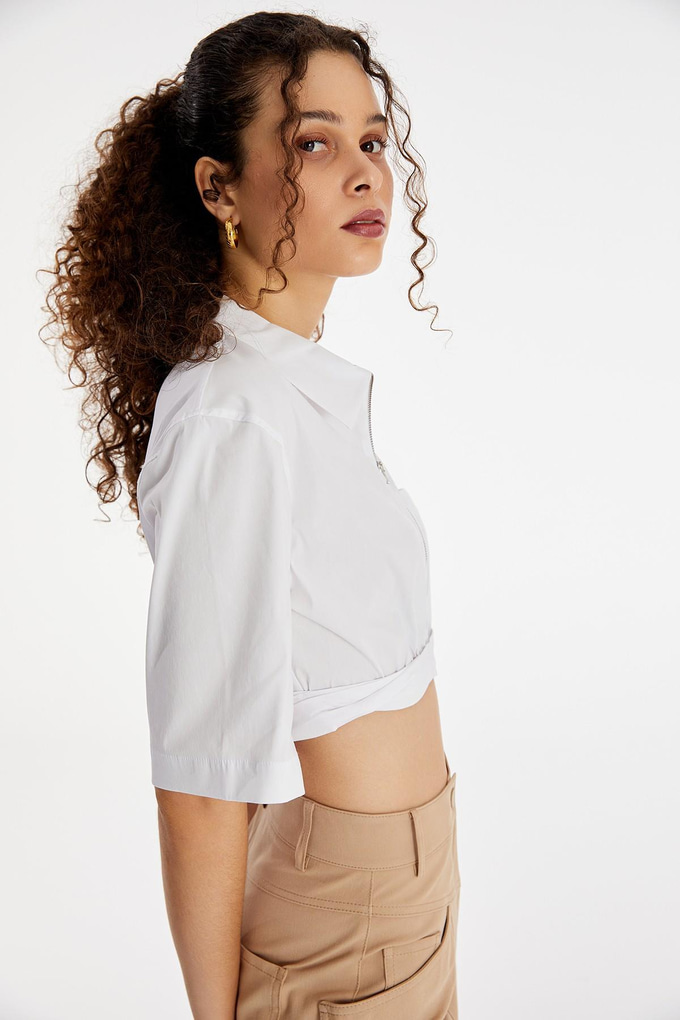 Fermuarlı Beyaz Crop Gömlek