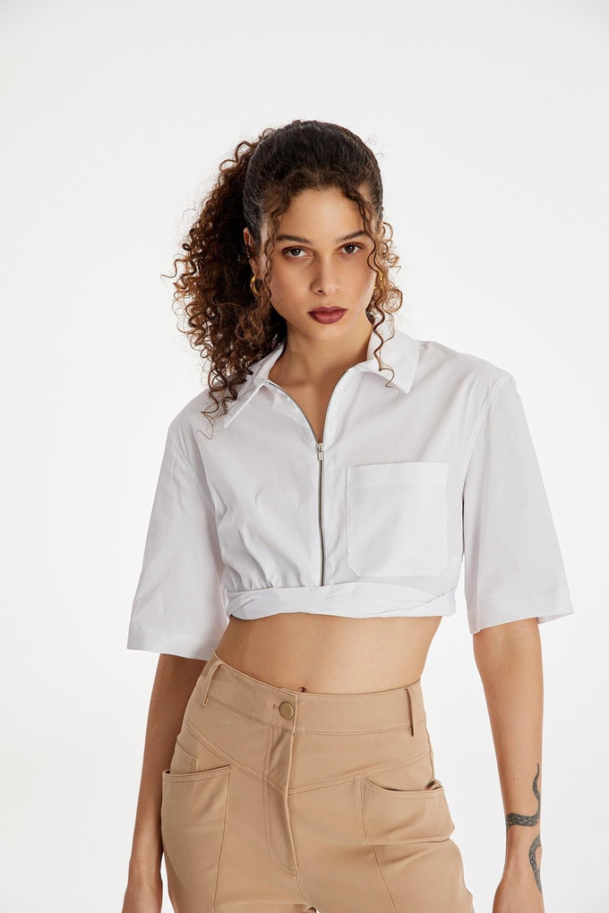 Fermuarlı Beyaz Crop Gömlek