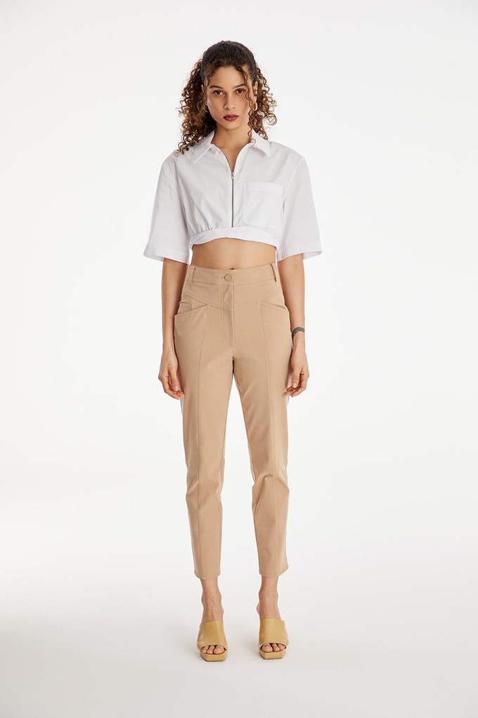 Fermuarlı Beyaz Crop Gömlek