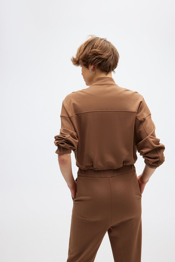 Fermuarlı Camel Crop Sweatshirt