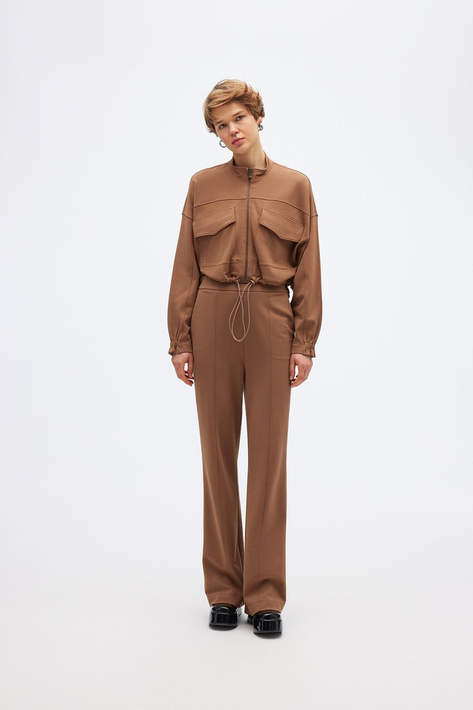 Fermuarlı Camel Crop Sweatshirt