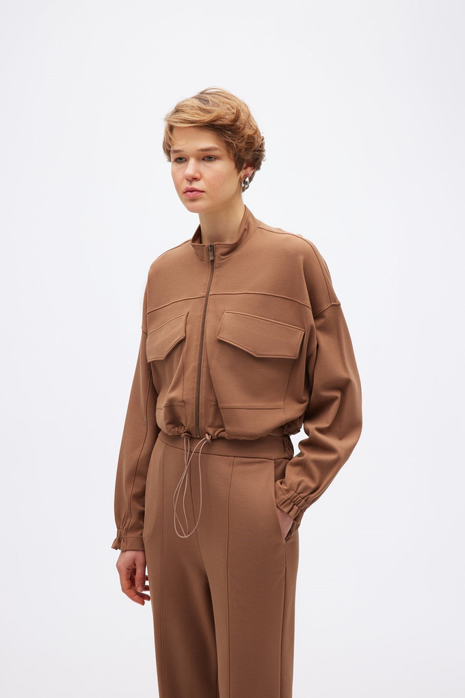 Fermuarlı Camel Crop Sweatshirt