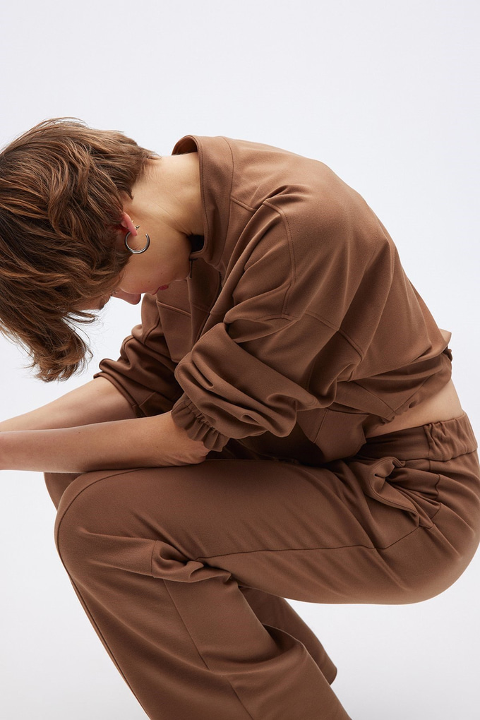 Fermuarlı Camel Crop Sweatshirt