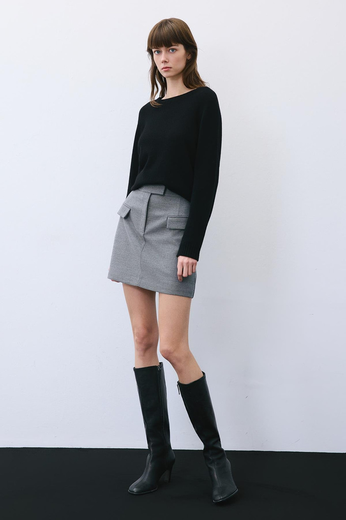 Gray Belted Mini Skirt with Zipper