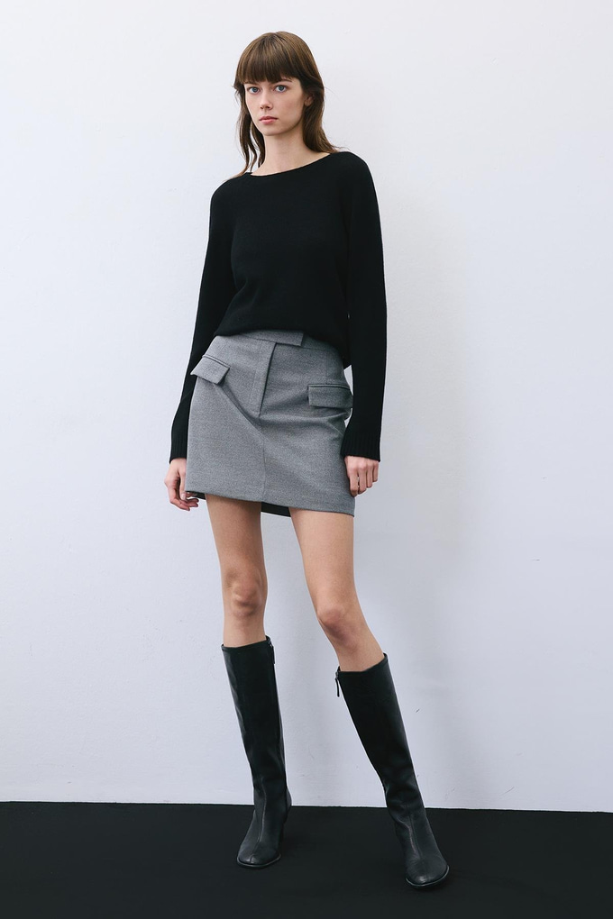 Gray Belted Mini Skirt with Zipper