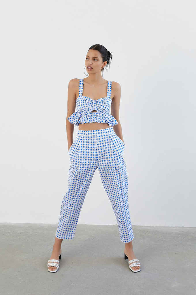 Fırfırlı Pötikare Mavi Crop Top