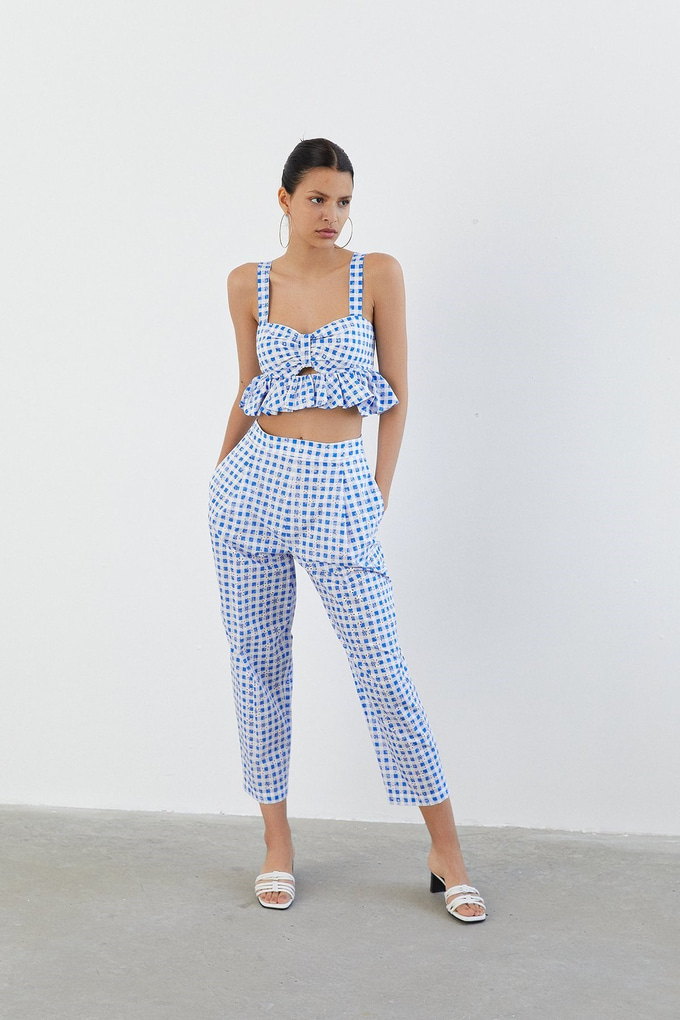 Fırfırlı Pötikare Mavi Crop Top
