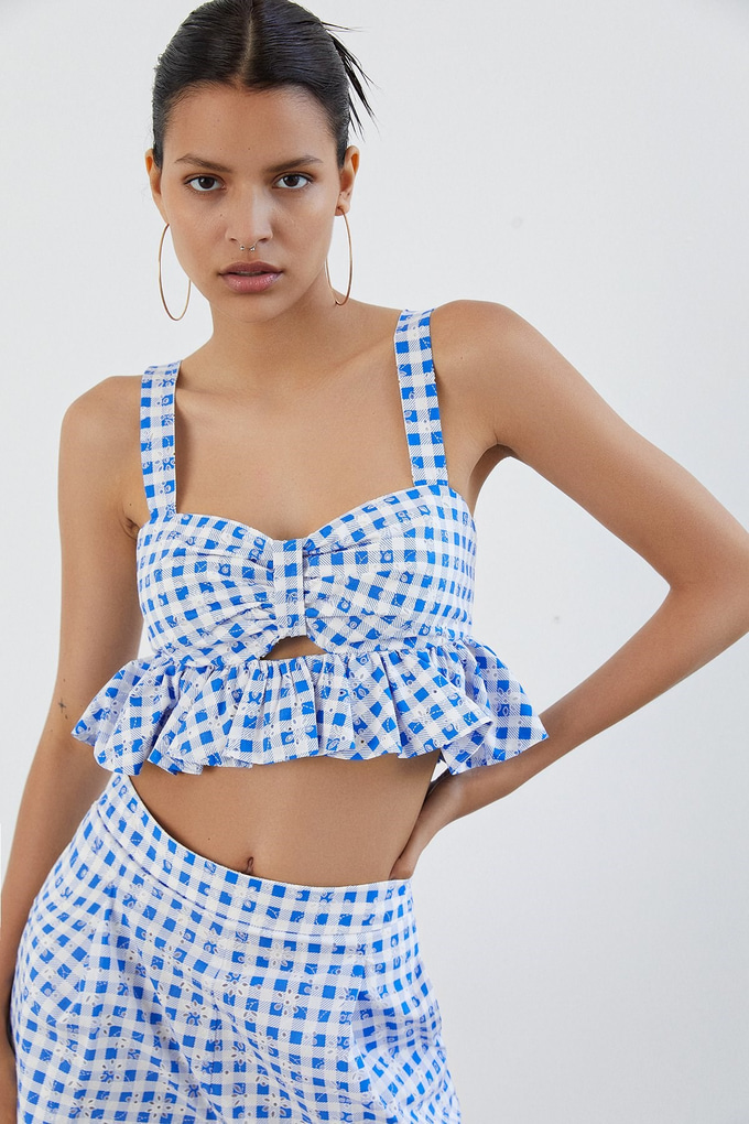 Fırfırlı Pötikare Mavi Crop Top