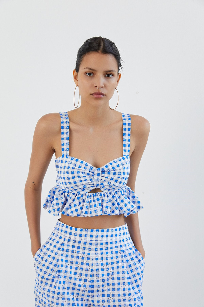 Fırfırlı Pötikare Mavi Crop Top