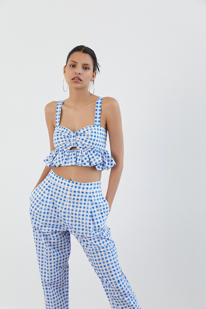 Fırfırlı Pötikare Mavi Crop Top