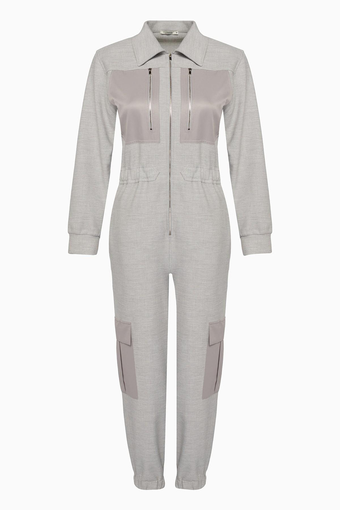 Garni Detailed Zipper Grey Jumpsuit