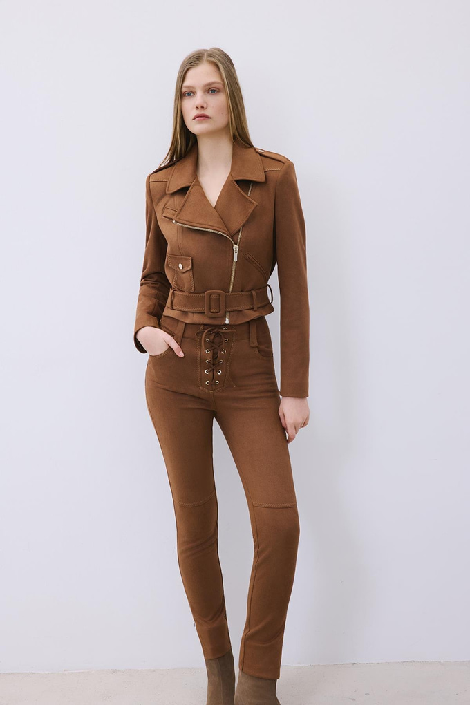 Brown Biker Jacket with Gold Details