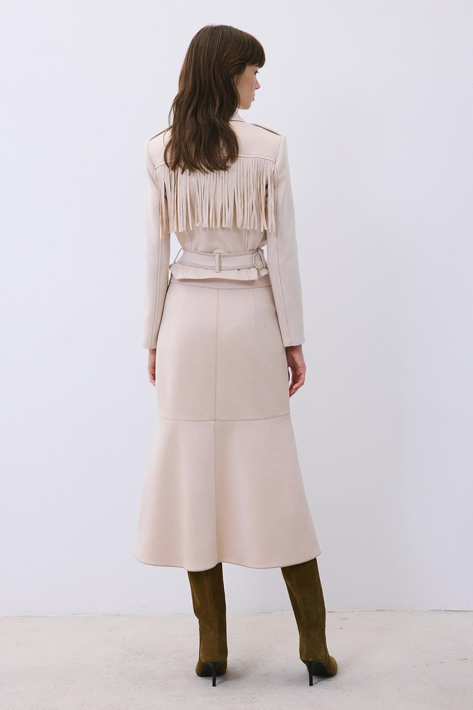 Beige Suede Midi Skirt with Gold Detail