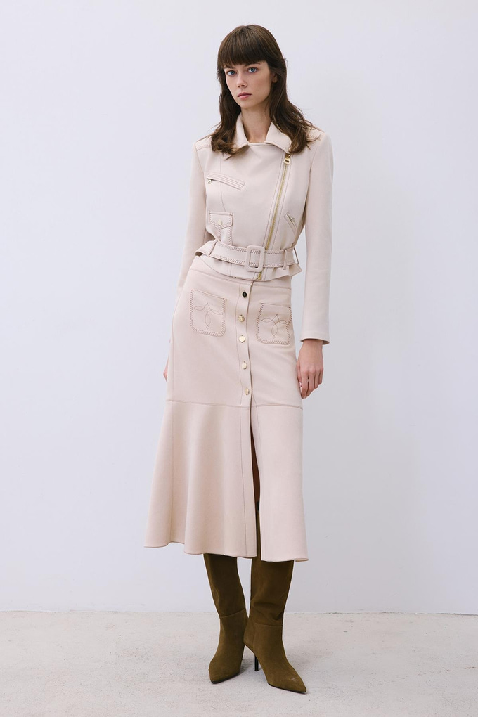 Beige Suede Midi Skirt with Gold Detail