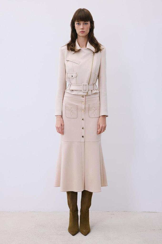 Beige Suede Midi Skirt with Gold Detail