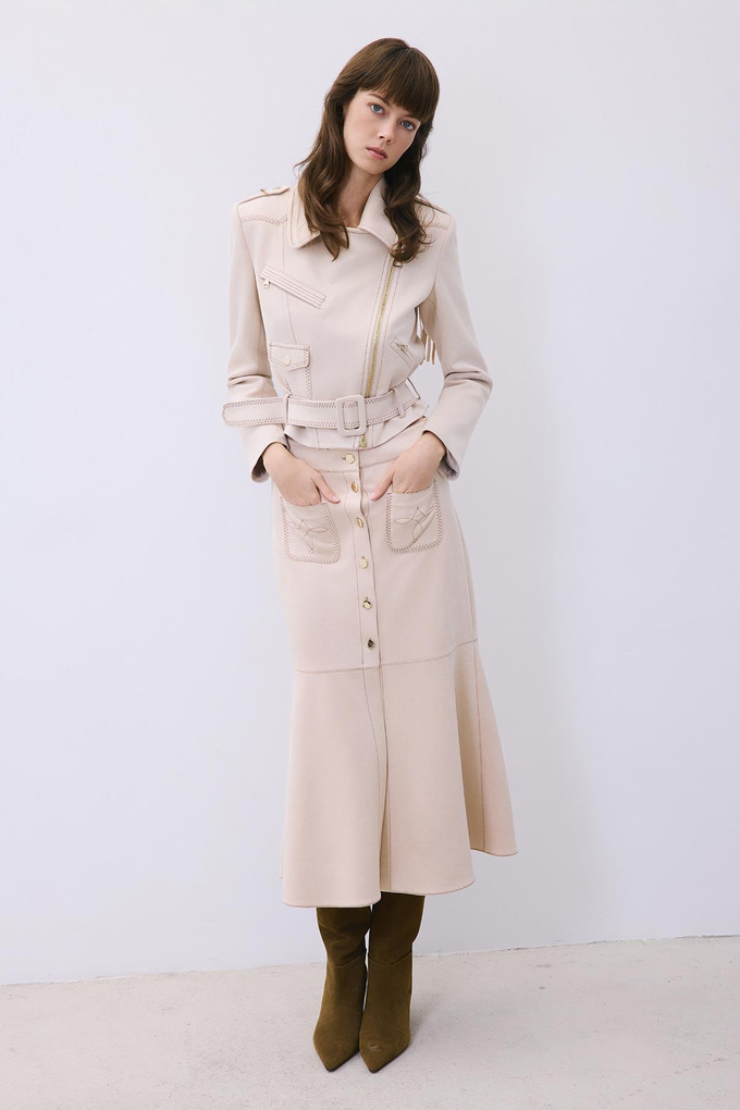 Beige Suede Midi Skirt with Gold Detail