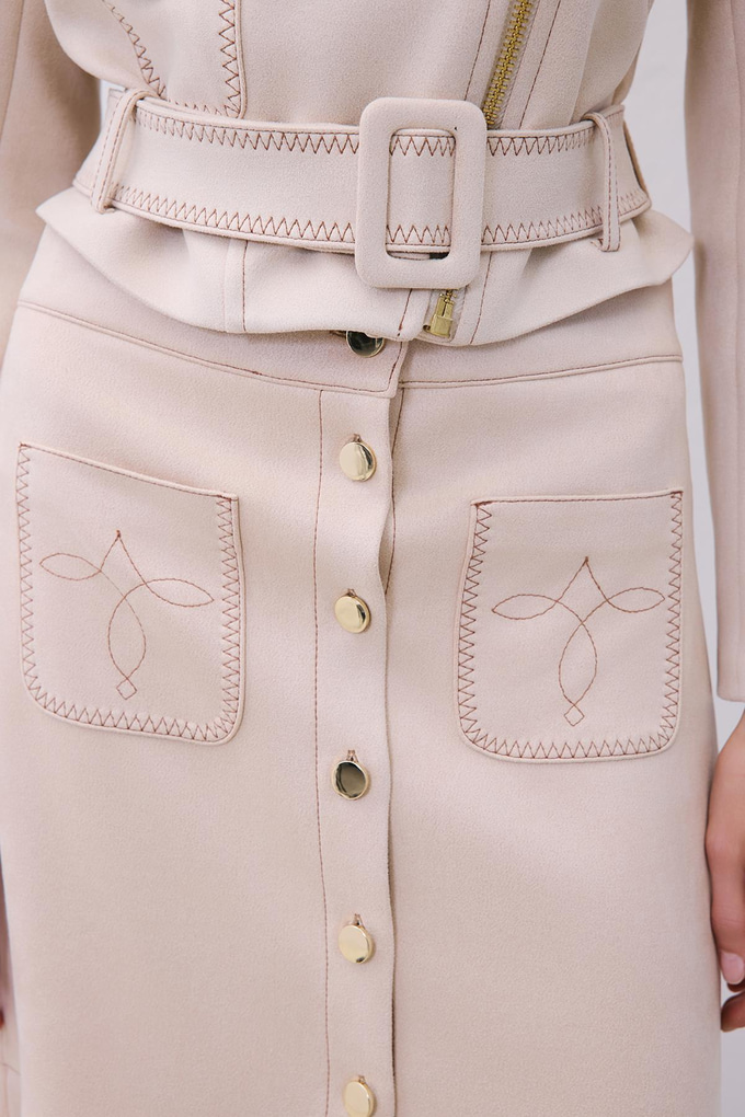 Beige Suede Midi Skirt with Gold Detail
