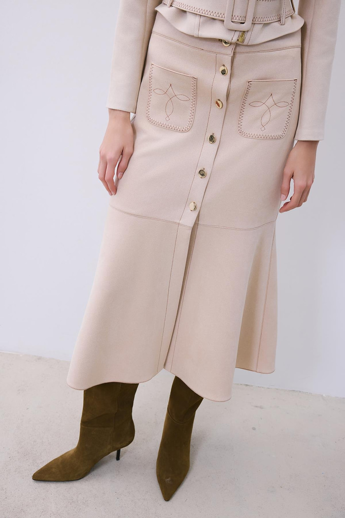 Beige Suede Midi Skirt with Gold Detail