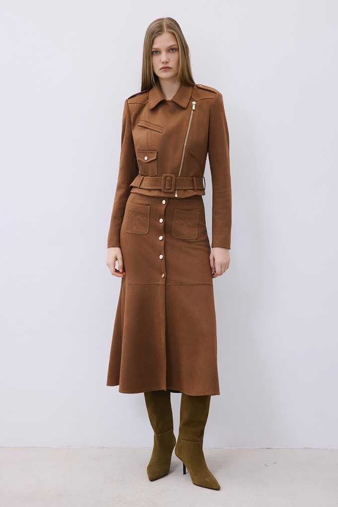 Brown Suede Midi Skirt with Gold Detail