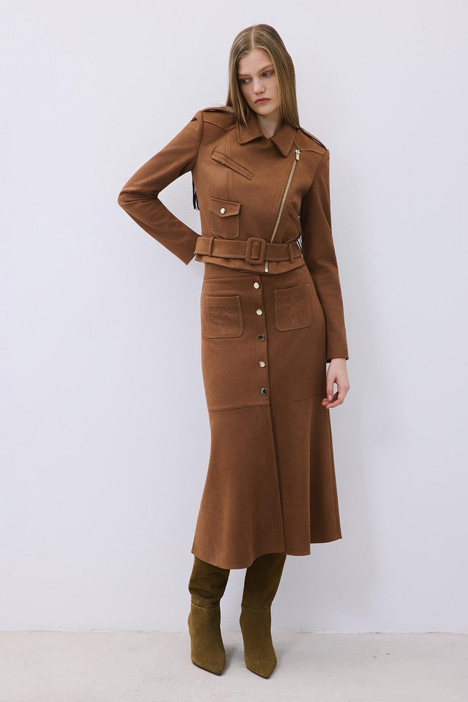 Brown Suede Midi Skirt with Gold Detail