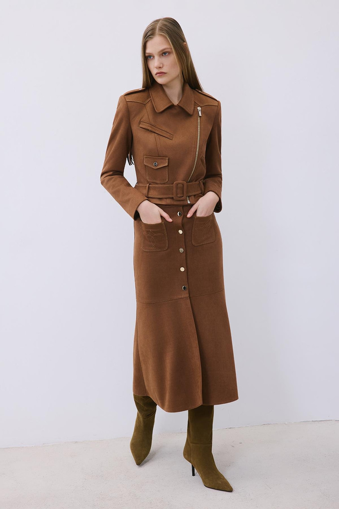 Brown Suede Midi Skirt with Gold Detail