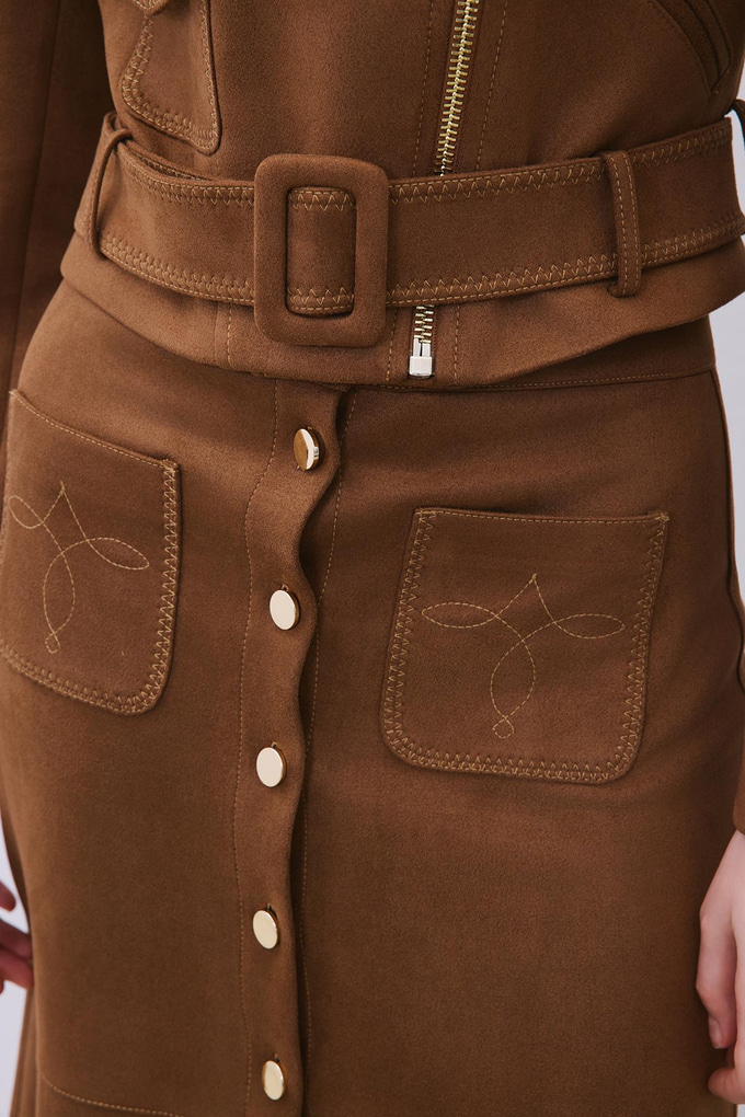 Brown Suede Midi Skirt with Gold Detail