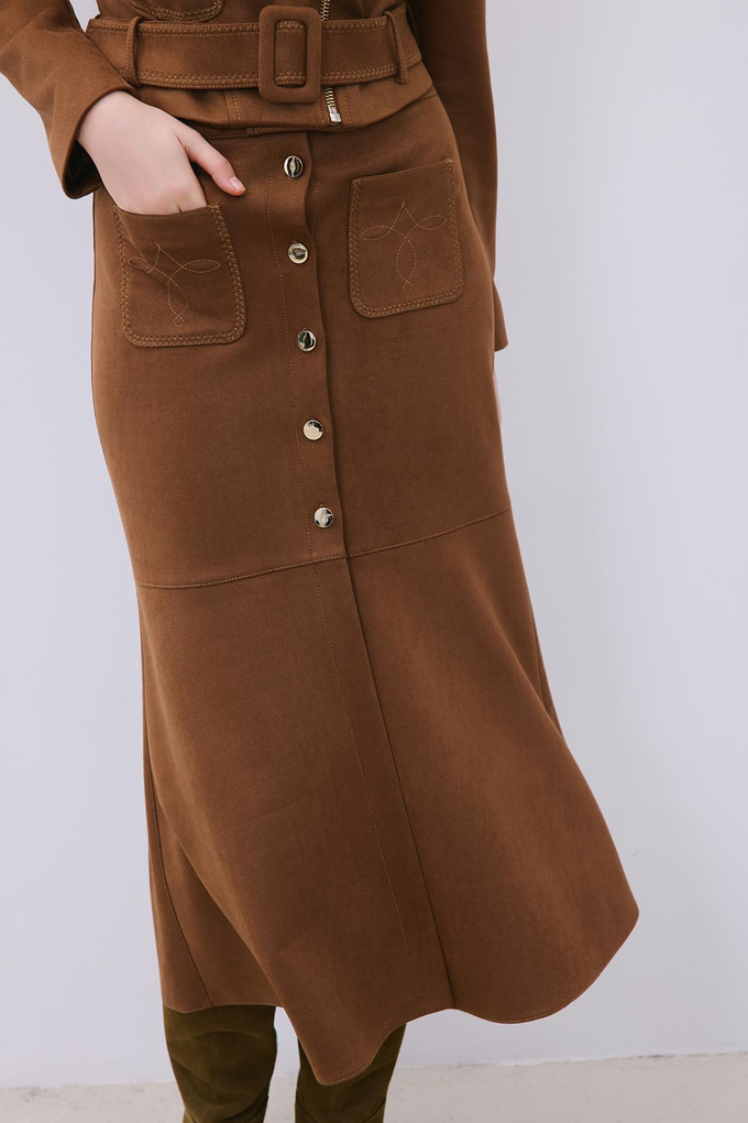 Brown Suede Midi Skirt with Gold Detail