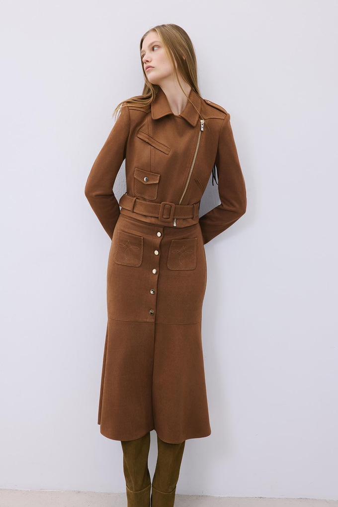 Brown Suede Midi Skirt with Gold Detail