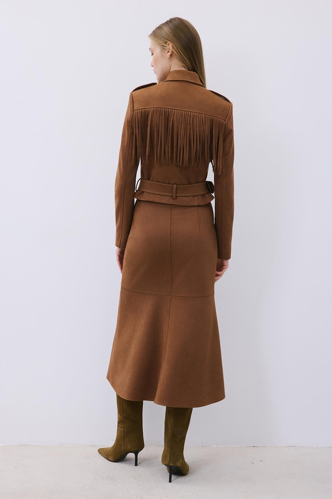 Brown Suede Midi Skirt with Gold Detail