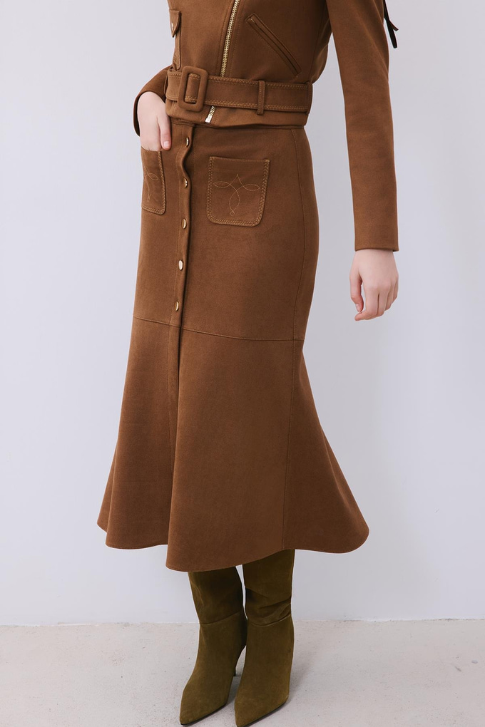 Brown Suede Midi Skirt with Gold Detail