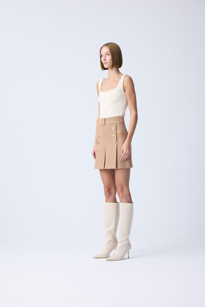 Gold Button Detail Pleated Camel Mini Skirt