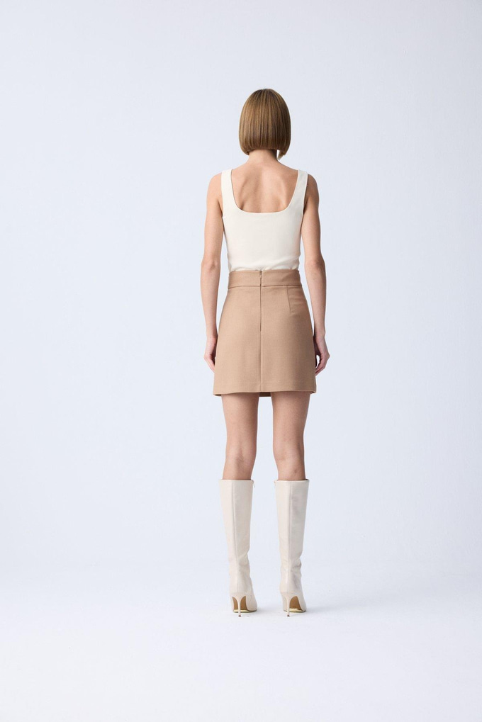 Gold Button Detail Pleated Camel Mini Skirt