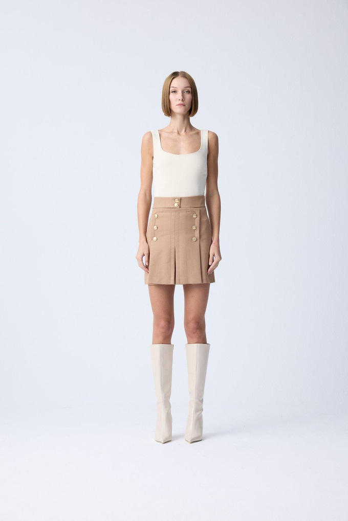 Gold Button Detail Pleated Camel Mini Skirt