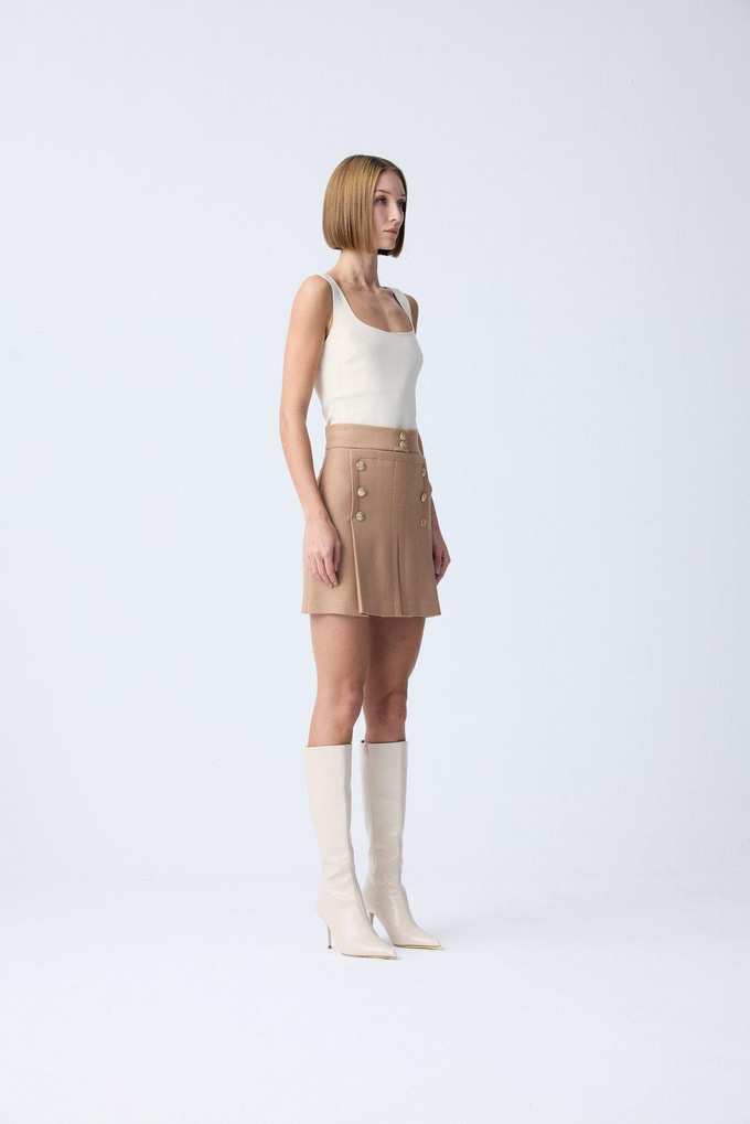 Gold Button Detail Pleated Camel Mini Skirt