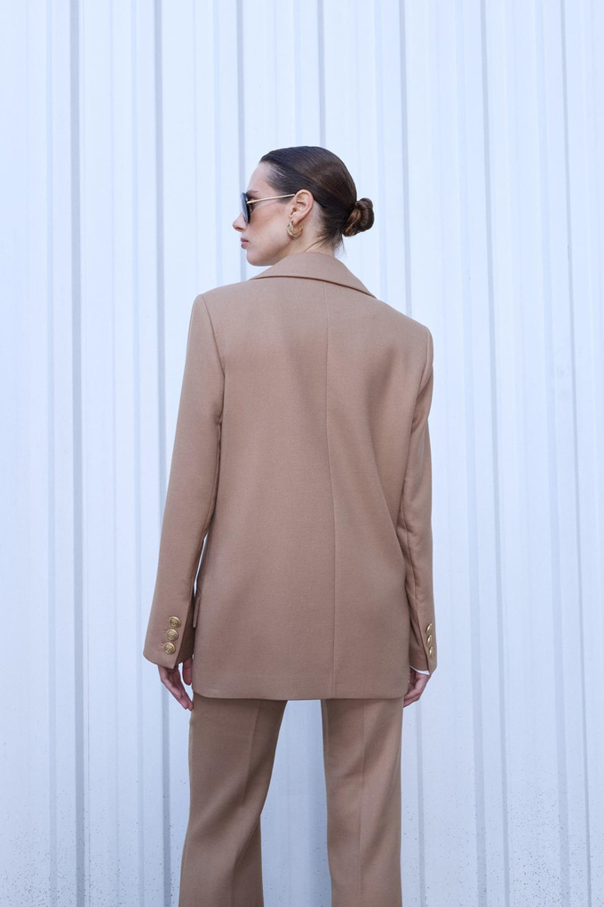 Gold Düğmeli Camel Midi Boy Kaşe Kaban