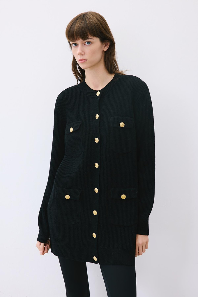 Gold Buttoned Black Knit Cardigan  