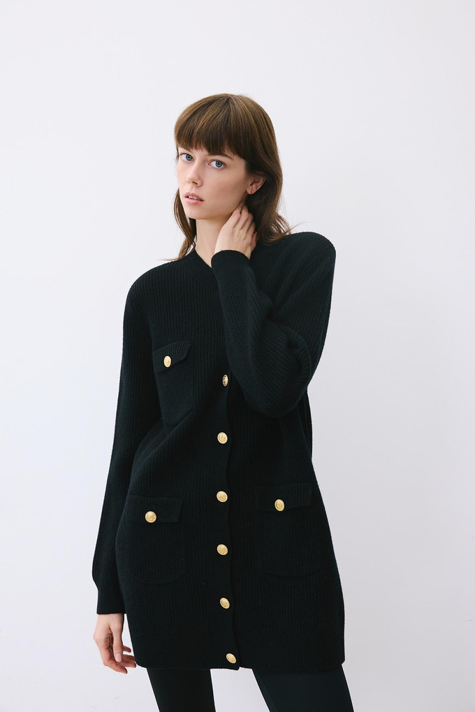 Gold Buttoned Black Knit Cardigan  