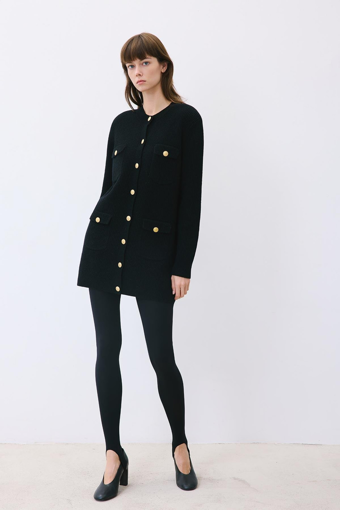 Gold Buttoned Black Knit Cardigan  