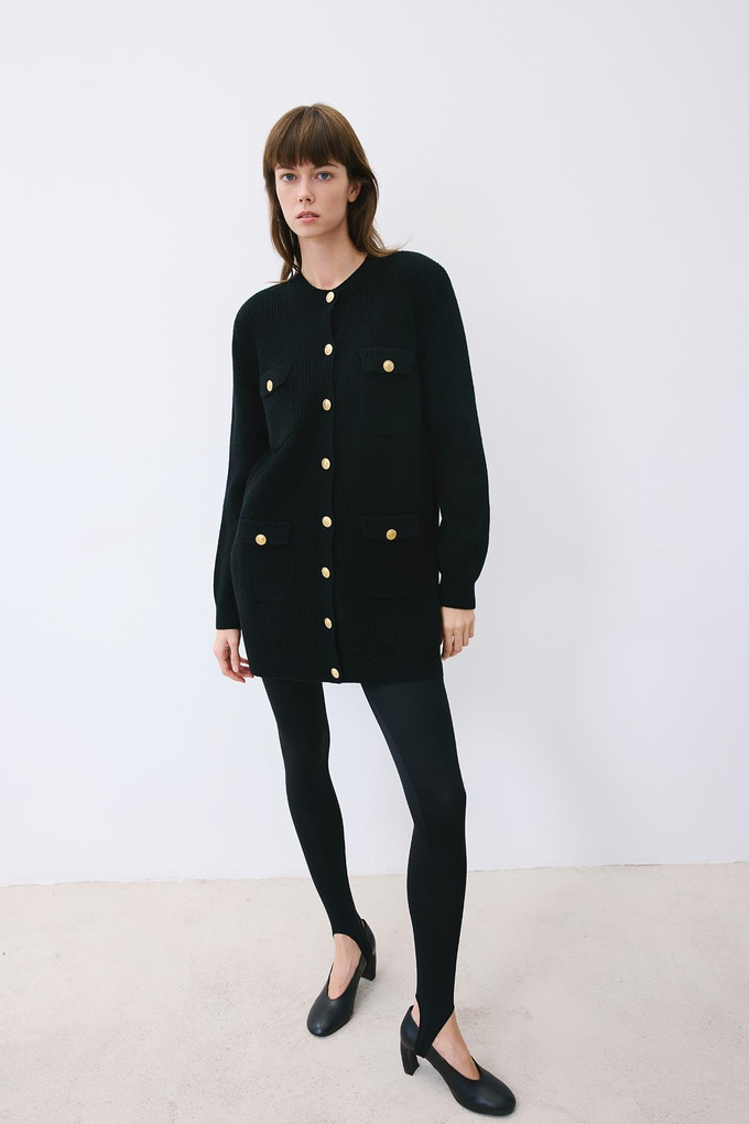 Gold Buttoned Black Knit Cardigan  