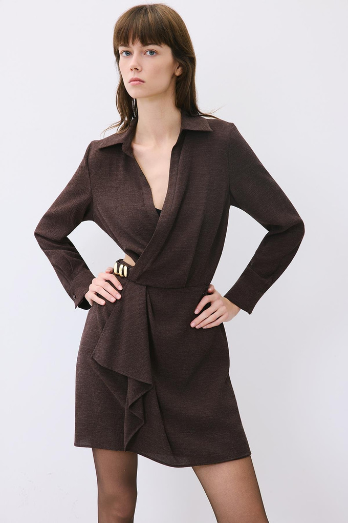 Brown Mini Wrap Dress with Gold Belt Detail