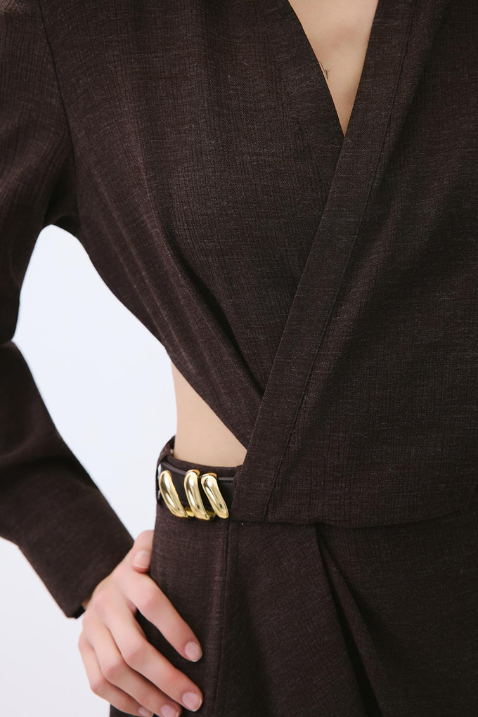 Brown Mini Wrap Dress with Gold Belt Detail