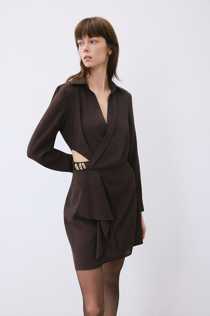 Brown Mini Wrap Dress with Gold Belt Detail