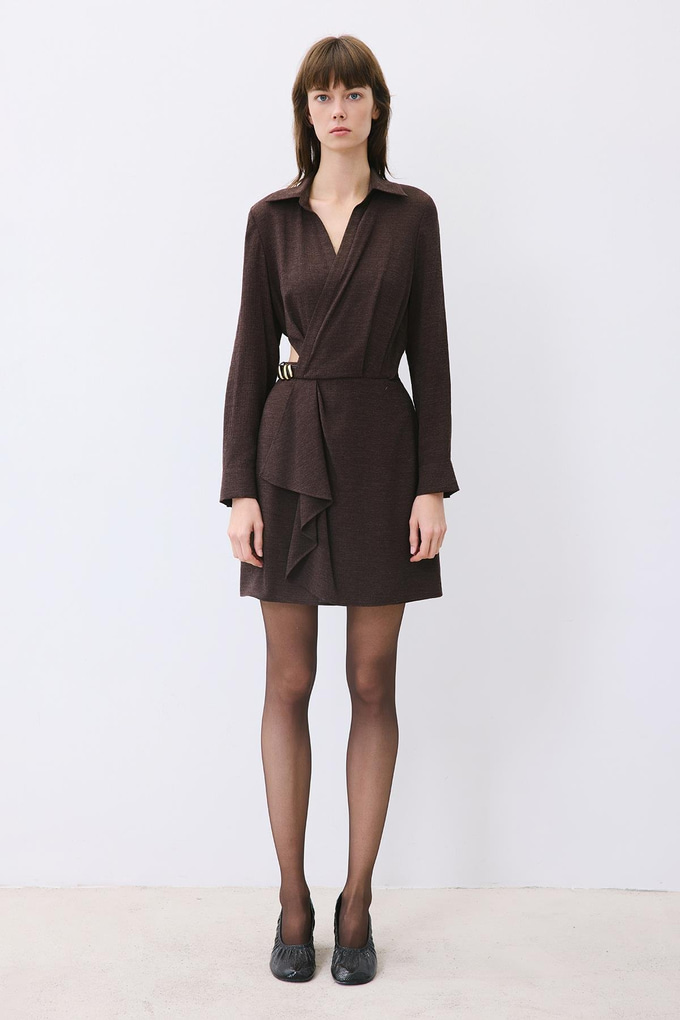 Brown Mini Wrap Dress with Gold Belt Detail