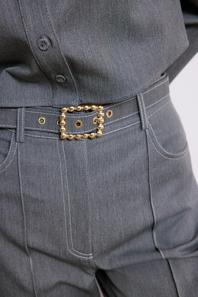 Gold Kemerli Gri Pantolon