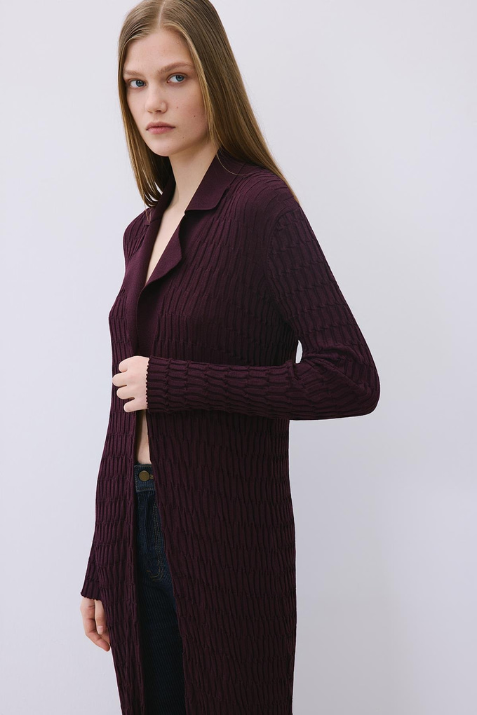 Burgundy Long Jacquard Knit Cardigan