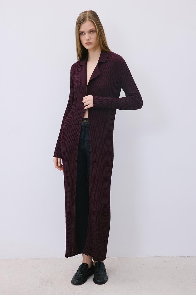Burgundy Long Jacquard Knit Cardigan