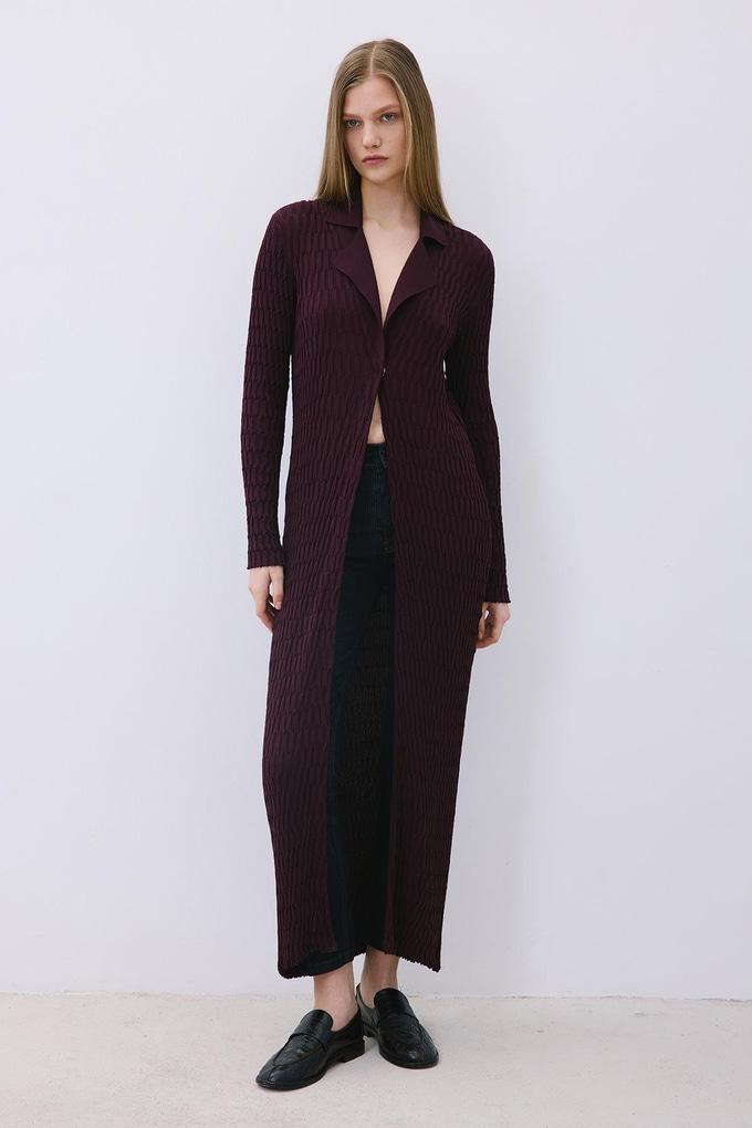 Burgundy Long Jacquard Knit Cardigan