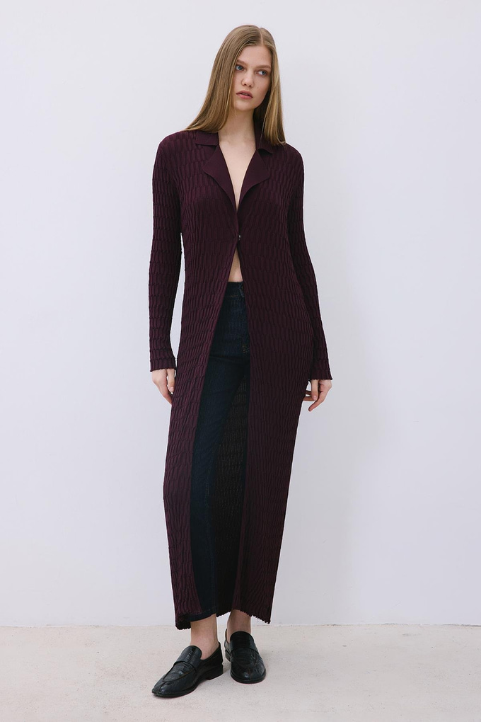 Burgundy Long Jacquard Knit Cardigan