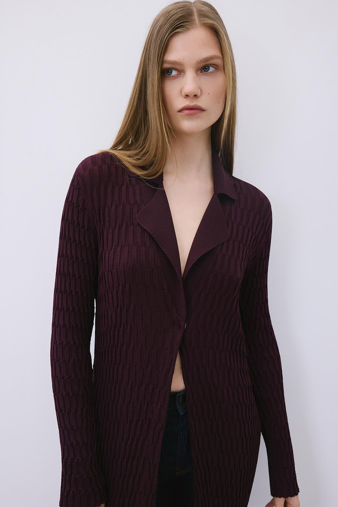 Burgundy Long Jacquard Knit Cardigan