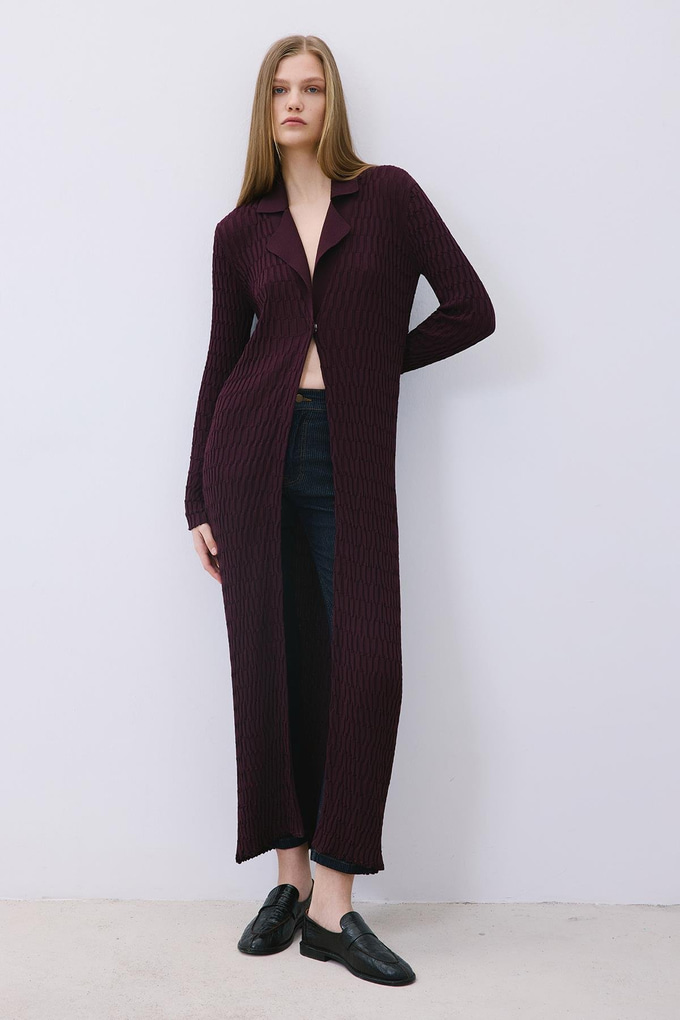 Burgundy Long Jacquard Knit Cardigan